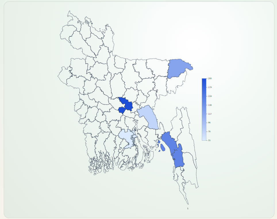 Bangladesh district choropleth map generated from the typed input, with Dhaka, Chattogram, Cumilla, Sylhet, and Barishal shaded by value on a blue scale